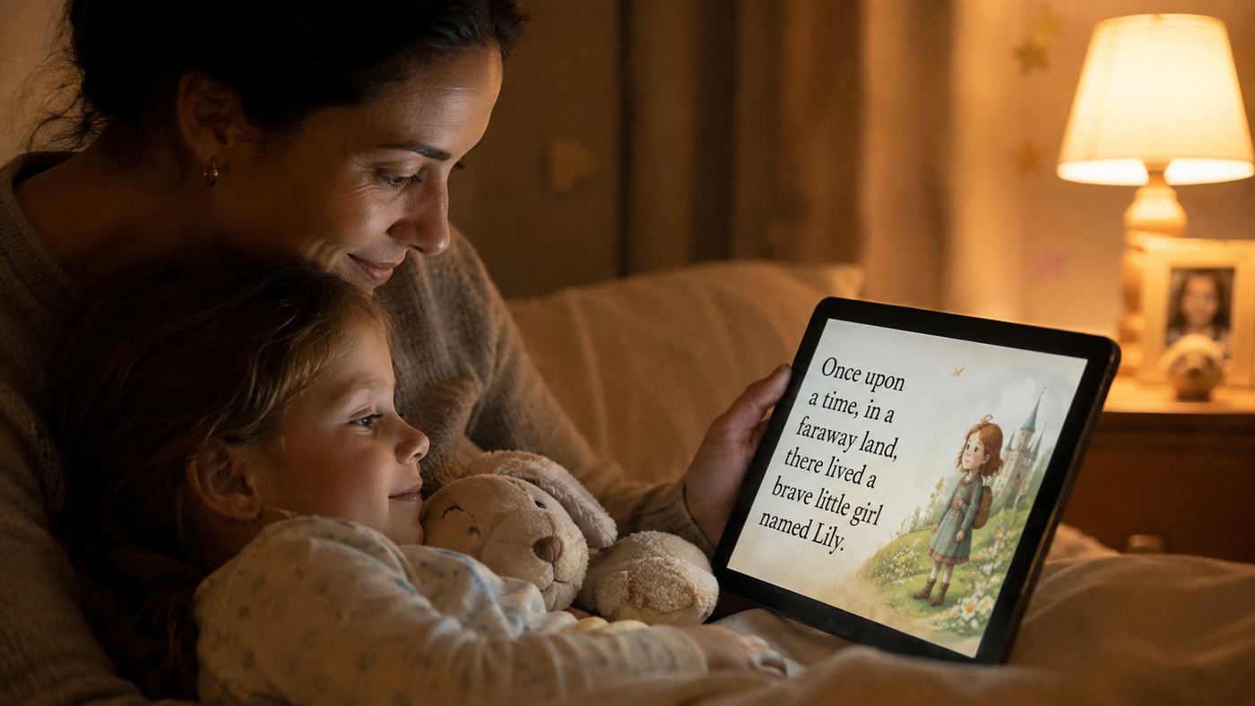 A parent and child reading a freshly generated children's story on a tablet at bedtime, with the book's cover visible in the generator behind them