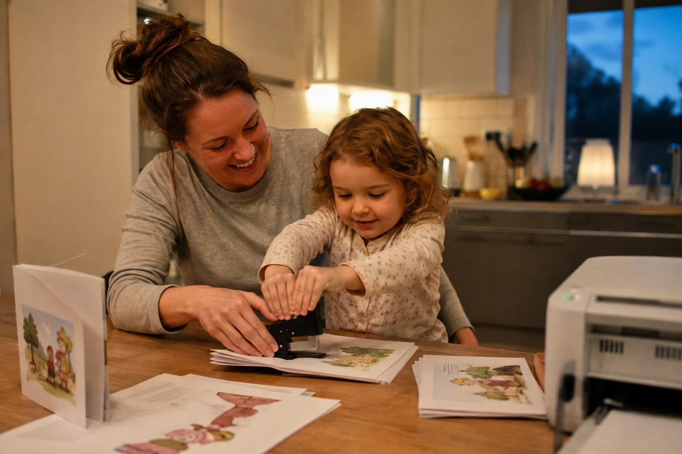 A parent and child stapling home-printed pages of their own generated story at a kitchen table