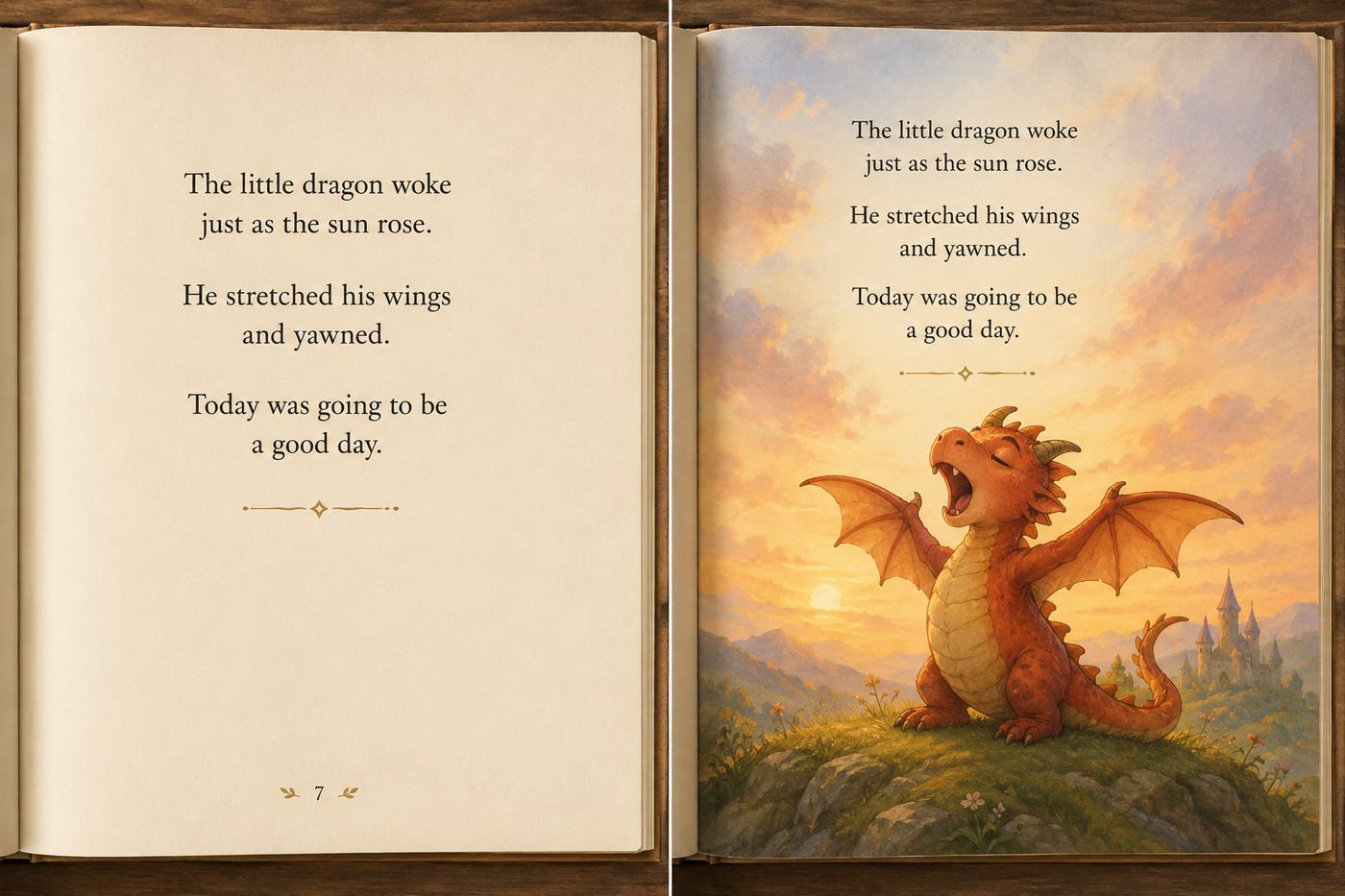The same storybook page shown twice: as clean text on the free plan, and fully illustrated with a painted scene in picture-book mode
