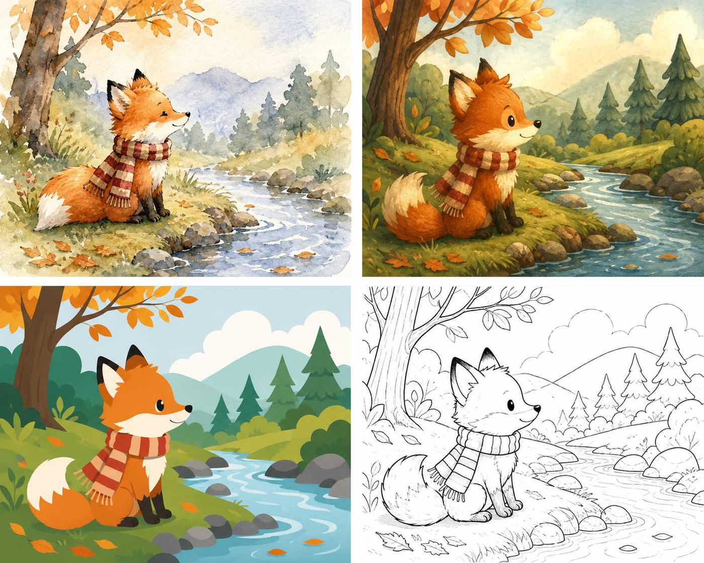 The same fox-by-a-stream scene rendered in four styles: watercolor, storybook, flat vector, and line art
