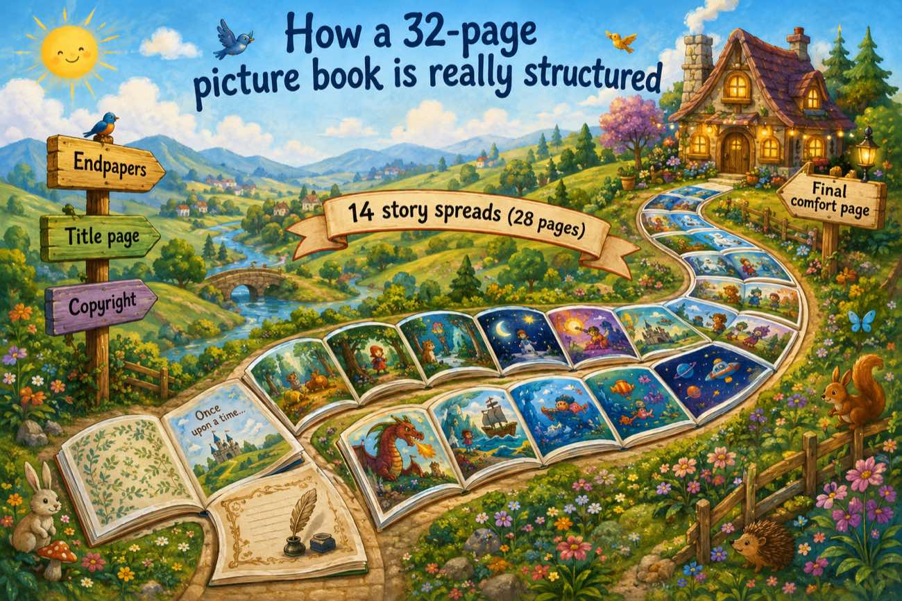 Illustrated storybook road showing the structure of a 32-page picture book: endpapers, title page, copyright, 14 story spreads across 28 pages, and a final comfort page