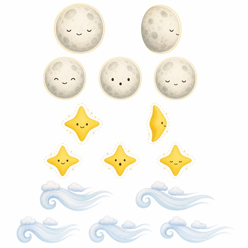 AI character sheet showing the moon, owl with scarf, and fox with vest that stay consistent across the book