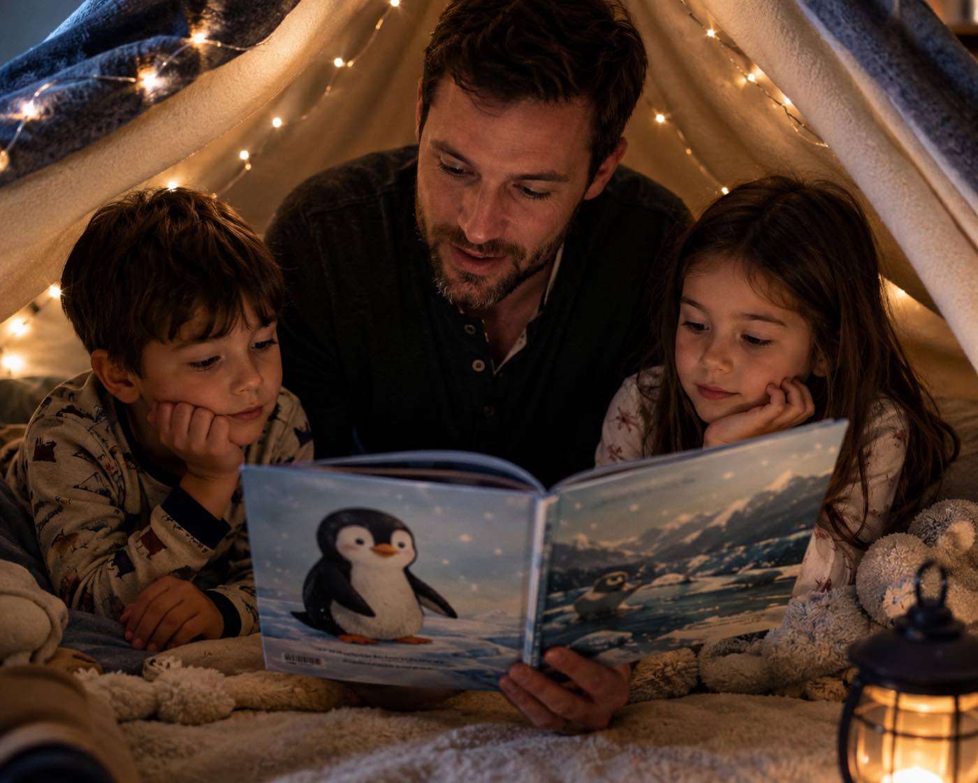 A parent reading a printed penguin picture book aloud to two children in a blanket fort strung with fairy lights