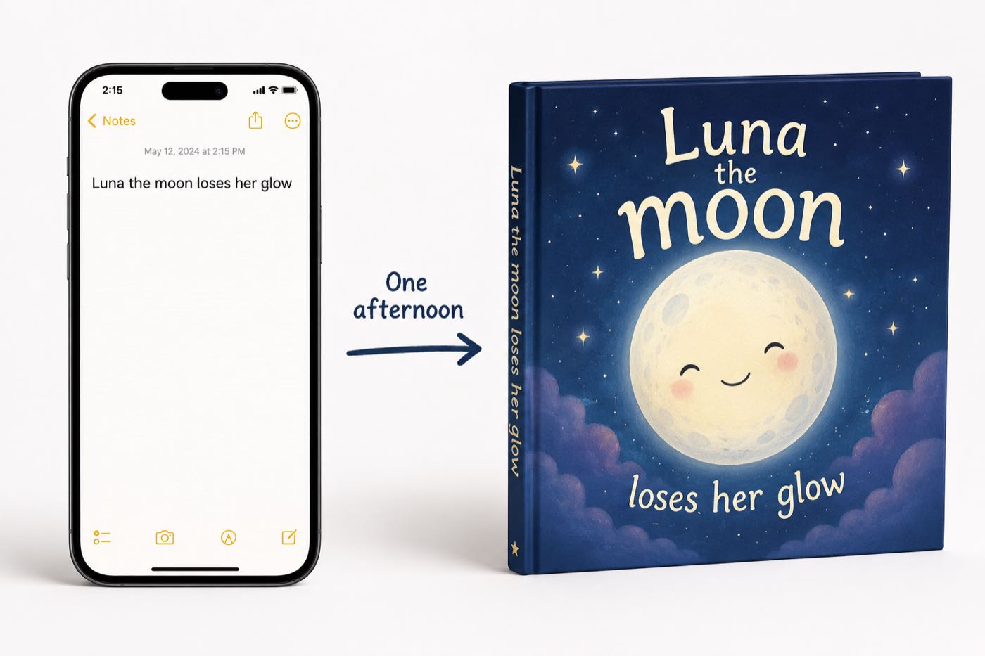 A one-line note on a phone reading Luna the moon loses her glow next to the finished square picture book it became
