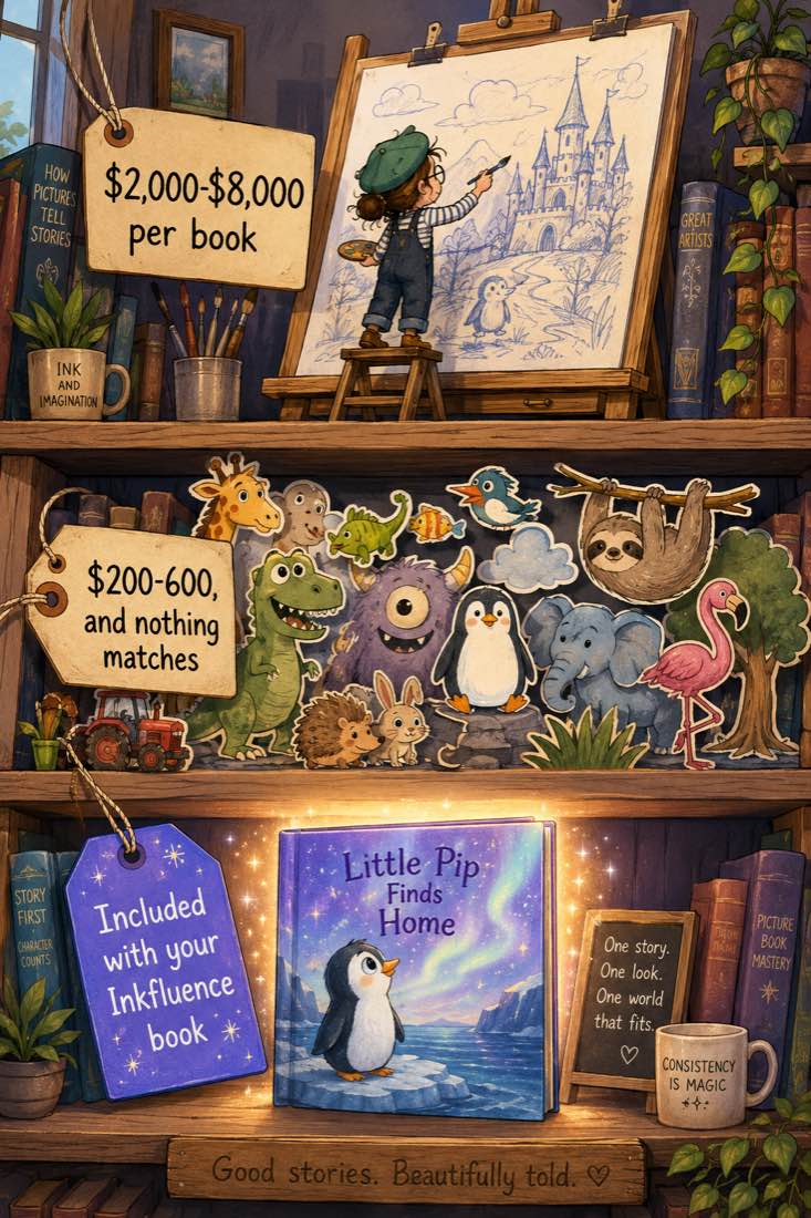 Storybook shelf scene comparing hiring an illustrator at $2,000 to $8,000 per book, mismatched stock art at $200 to $600, and consistent illustration included with an Inkfluence book