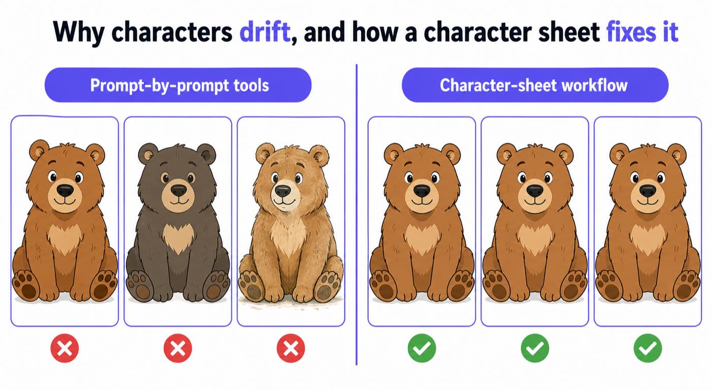 Comparison of prompt-by-prompt tools producing three visibly different bears versus a character-sheet workflow producing the same bear three times