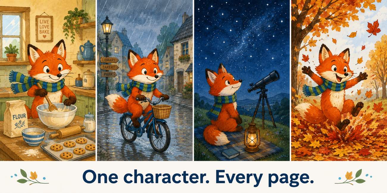 The same fox character illustrated consistently across four scenes: baking, cycling in the rain, stargazing, and playing in autumn leaves
