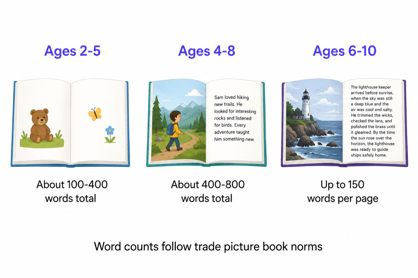 Word counts by age band: ages 2 to 5 about 100 to 400 words total, ages 4 to 8 about 400 to 800 words, ages 6 to 10 up to 150 words per page