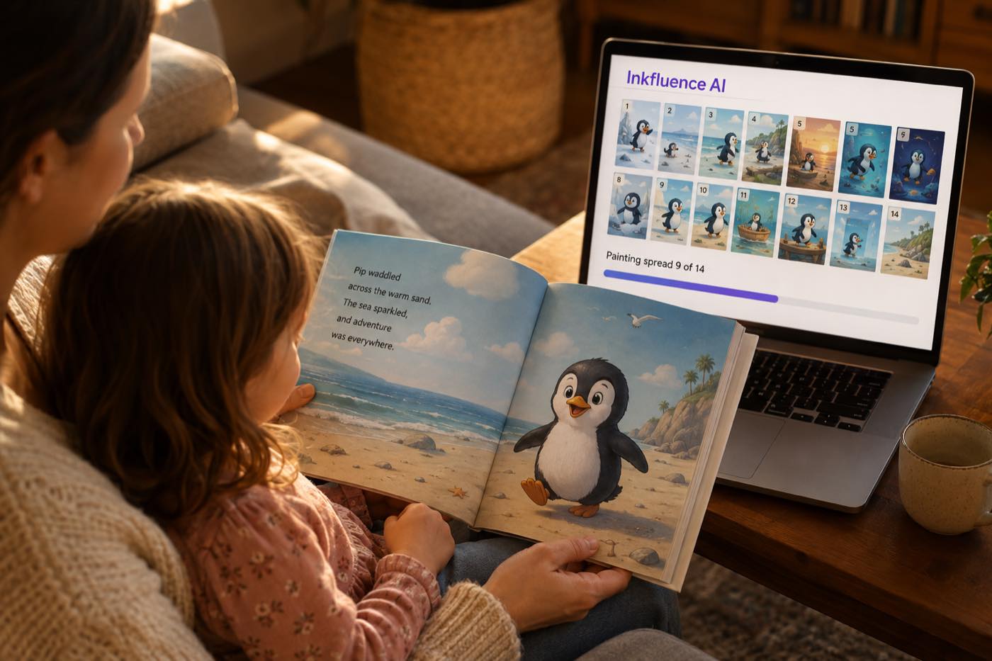 A parent and child reading a printed penguin picture book while the Inkfluence AI picture book maker paints spread 9 of 14 on a laptop