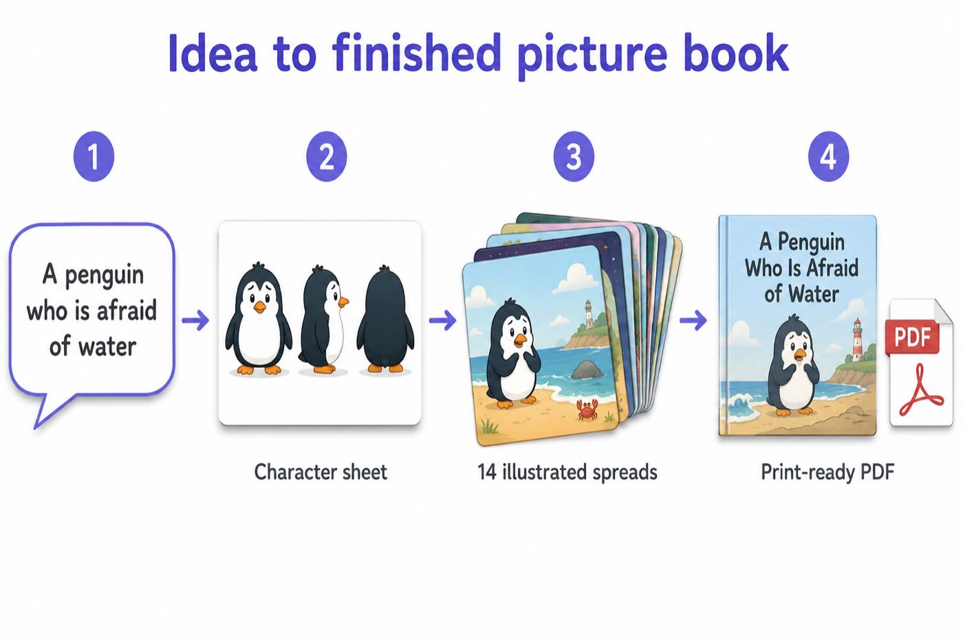 Four-step flow from a one-line idea to a character sheet, fourteen illustrated spreads, and a print-ready picture book PDF