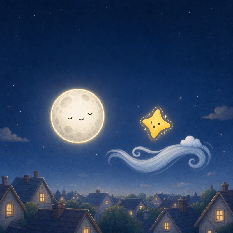 Page illustration showing the same moon, owl, and fox characters in the story's first scene