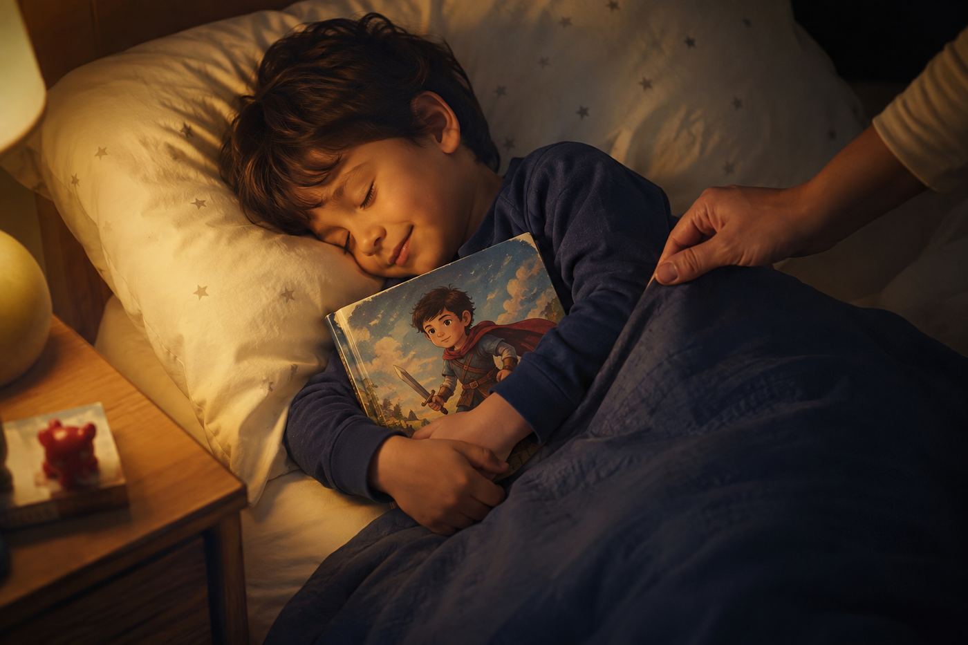 A child asleep hugging a printed storybook whose cover shows an illustrated hero that looks like them, bedside lamp glowing