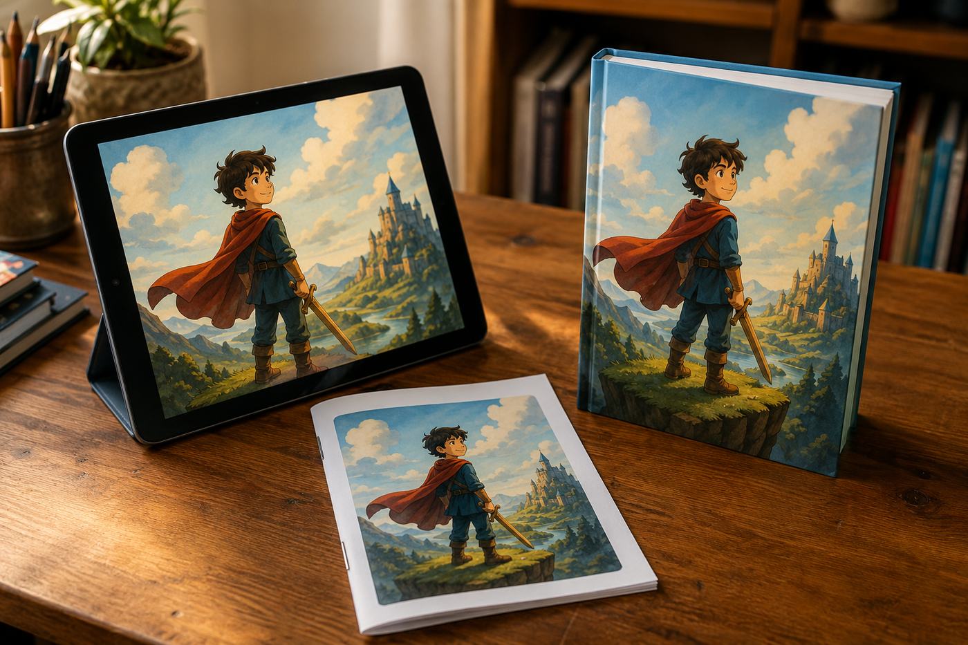 One storybook in three forms: read on a tablet, home-printed and stapled, and as a printed hardcover gift