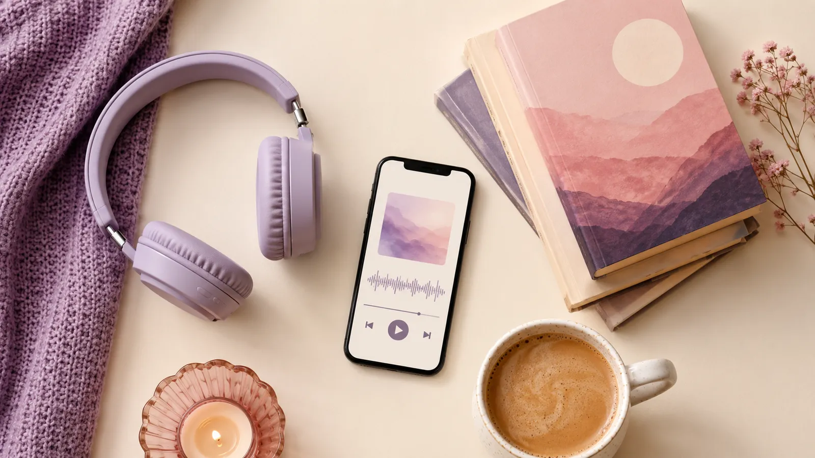 Flat-lay with over-ear headphones, a phone showing an audio player with a waveform, a stack of books, and a coffee
