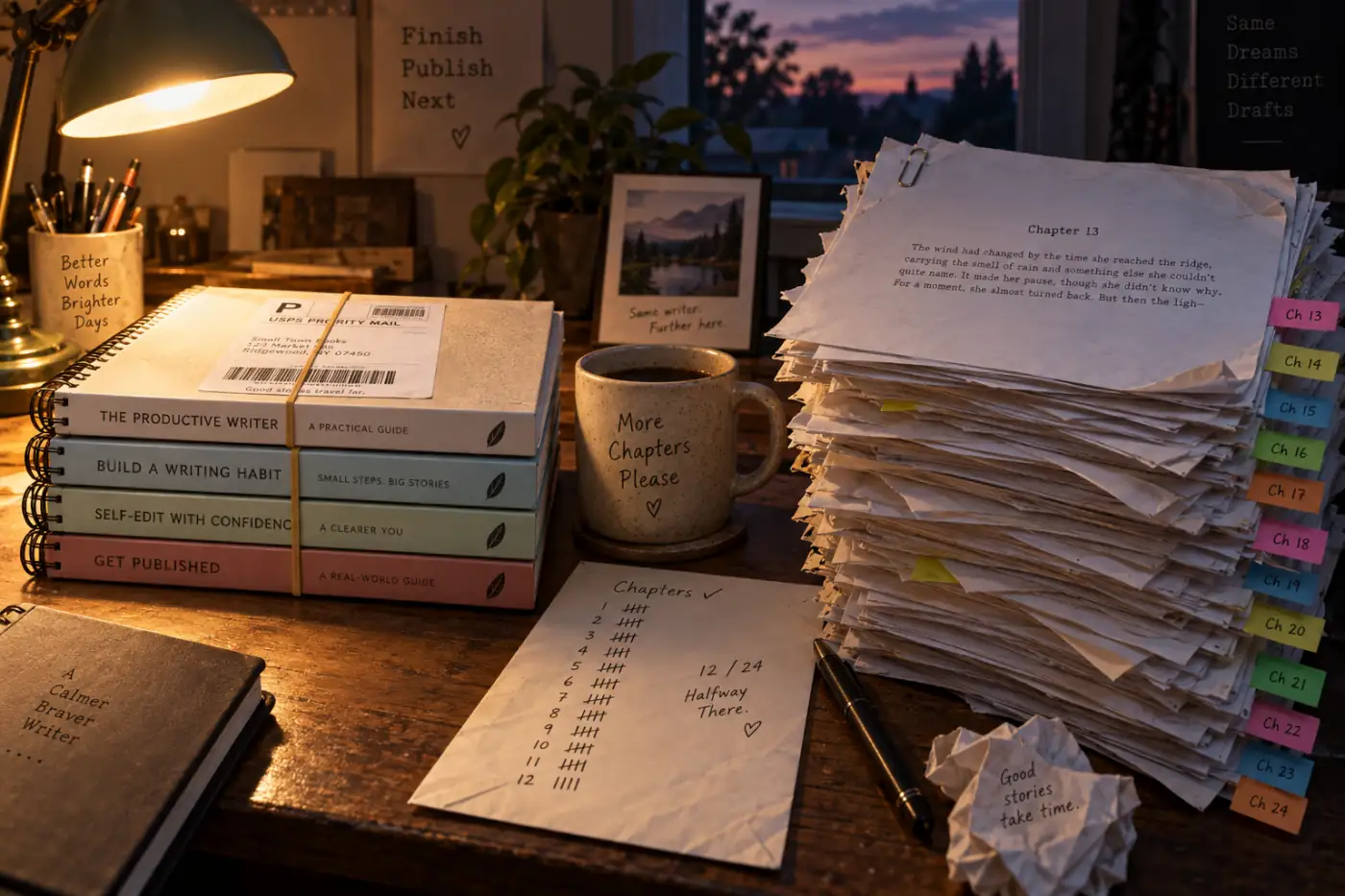 Two piles of manuscripts on a desk, a short neat stack of completed bound guides beside a much taller loose pile of unfinished novel drafts with bookmarks part way through