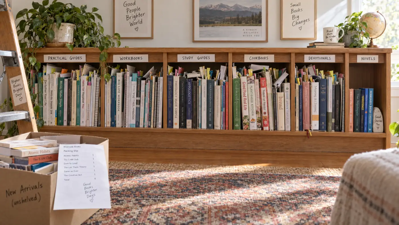 A wide shelf of finished books grouped into labelled sections, with a practical guide section and a workbook section each far larger than the novel section beside them
