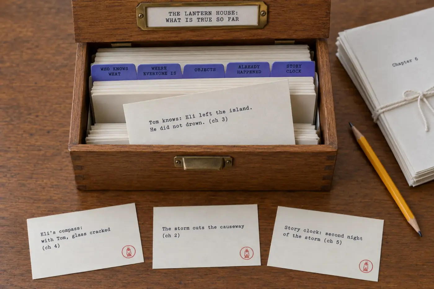 An oak card-index box labelled The Lantern House: what is true so far, with tabbed dividers reading Who knows what, Where everyone is, Objects, Already happened and Story clock. One card is pulled out reading Tom knows: Eli left the island. He did not drown. (ch 3). Three more cards lie on the table: Eli's compass: with Tom, glass cracked (ch 4); The storm cuts the causeway (ch 2); Story clock: second night of the storm (ch 5). A bundle tied with string marked Chapter 6 sits beside them.