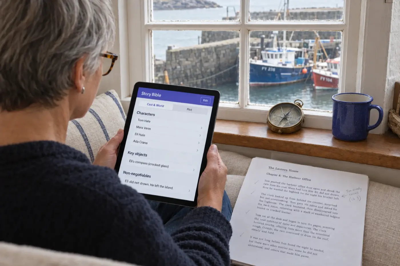 Over the shoulder of a novelist on a cottage window seat holding a tablet that shows the Story Bible panel with the Cast and World tab open: characters Tom Hale, Mara Venn, Eli Hale and Ada Crane, the key object Eli's compass (cracked glass) and the non-negotiable Eli did not drown. He left the island. Beside her lies a printed page of The Lantern House, Chapter 6: The Harbour Office, with a pencil note reading Tom already knows (ch 3), and fishing boats in the harbour outside the window.