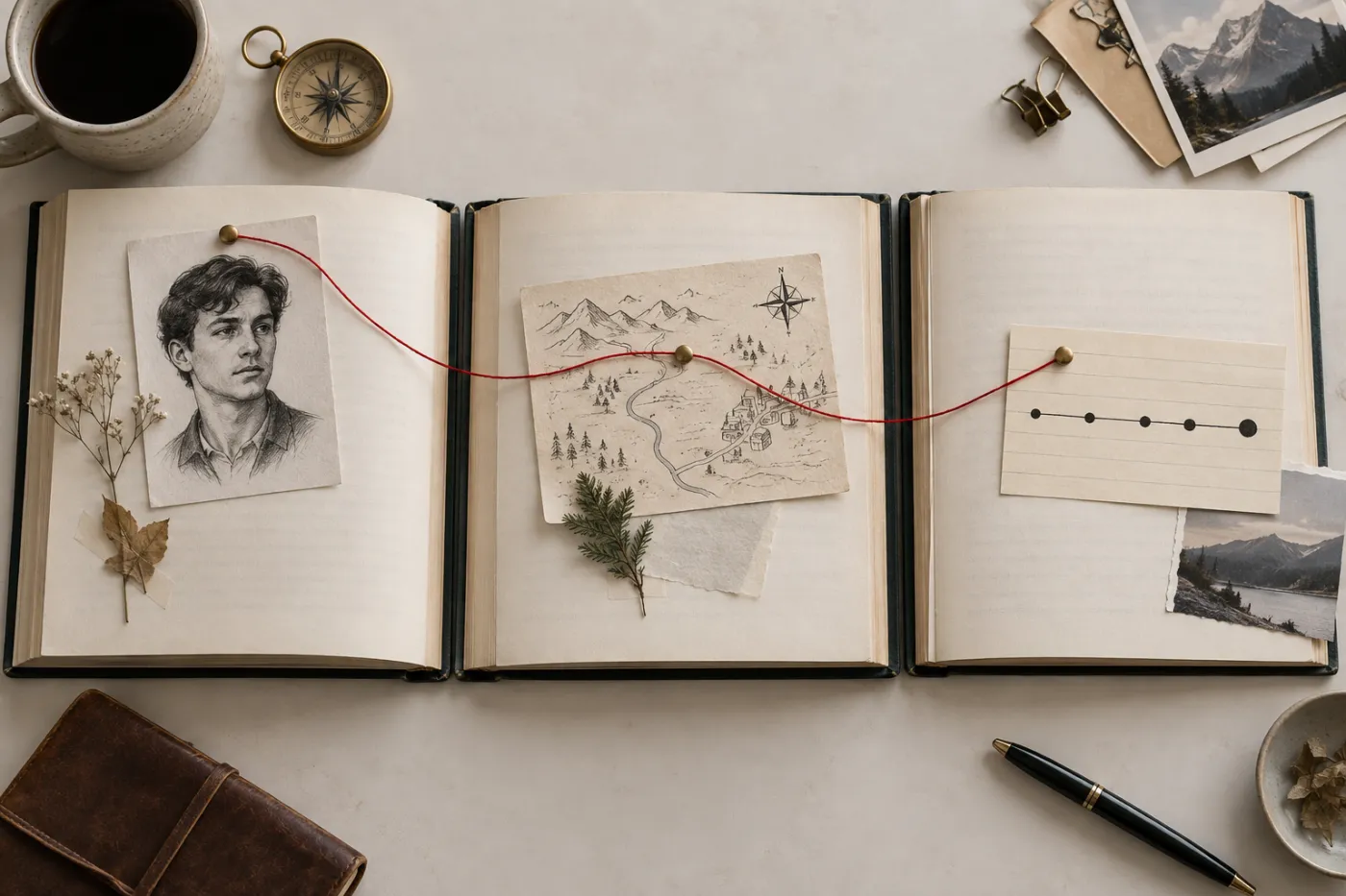 Three open books laid in a row on a pale desk with a single red thread running from the first page of the first book through the second and into the third, passing through a small pinned portrait sketch of the same young man, a hand-drawn map and a timeline card, seen from above.
