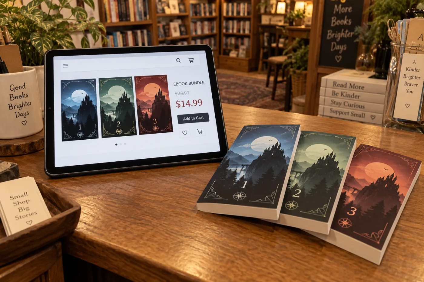 A tablet propped on a bookshop counter showing an online store listing with three matching ebook covers of one series side by side and a bundle price, next to three printed paperback copies of the same books fanned out, warm shop lighting.