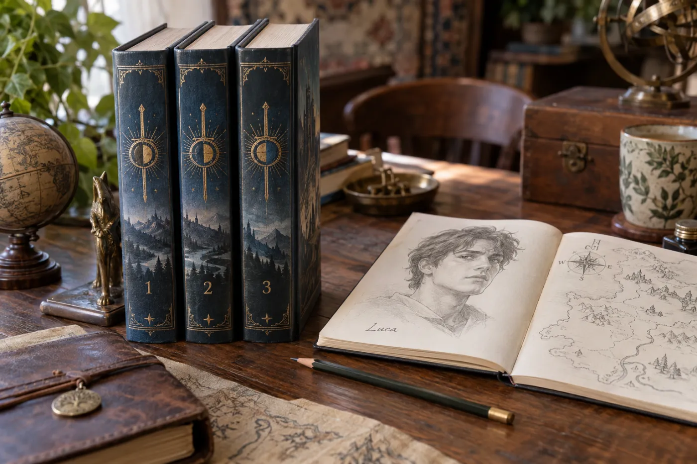Three matching hardback volumes of the same fantasy series standing on a wooden desk, numbered one to three on the spines with the same typography and colour scheme, next to an open notebook with a pencil sketch of a young man labelled Luca and a hand-drawn map.