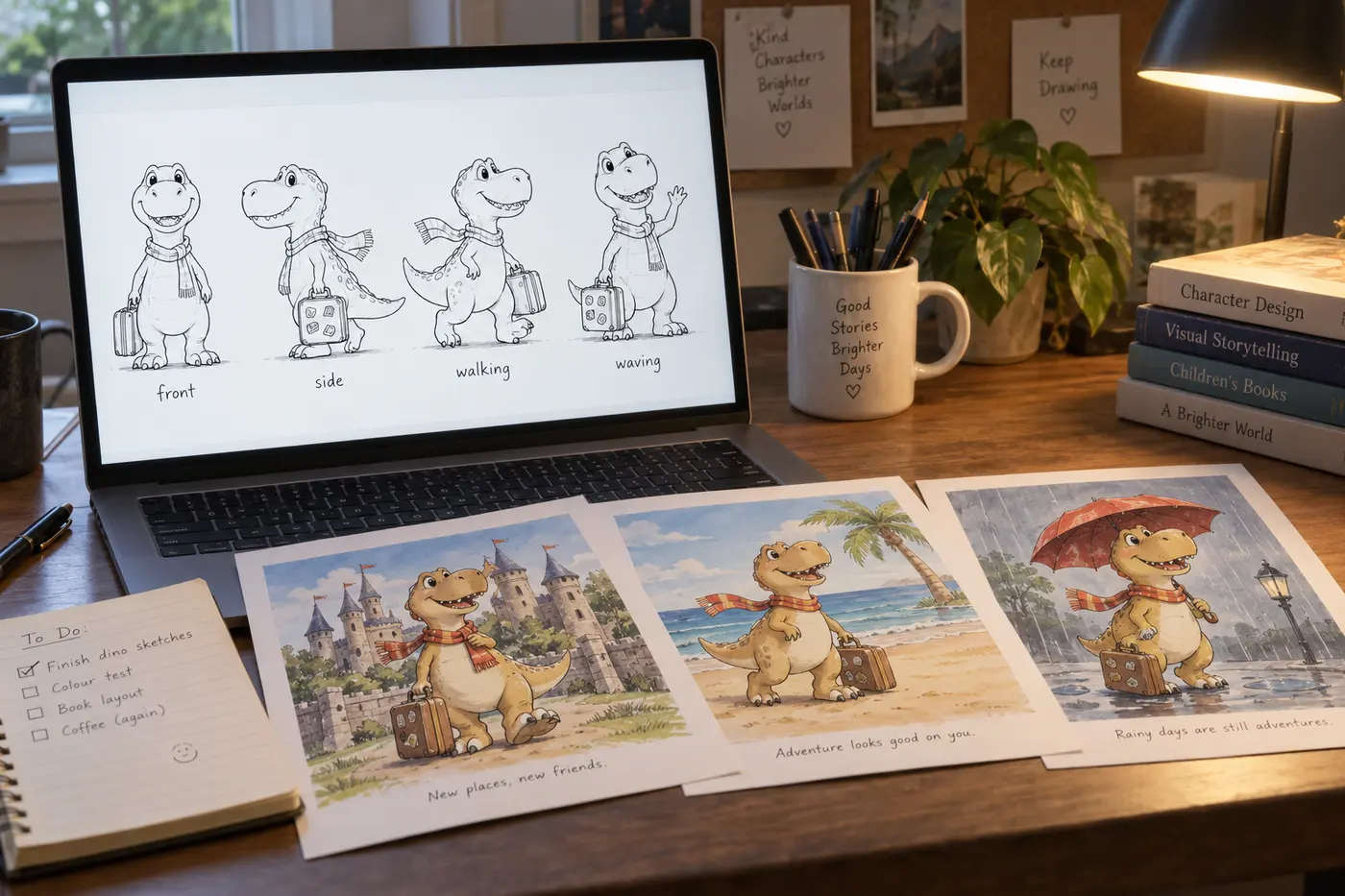 A laptop showing a character sheet of a cartoon dinosaur drawn four times in black line art, front, side, walking and waving, with a scarf and a suitcase; beside it three printed full-colour pages of the same dinosaur at a castle, on a beach and under an umbrella.