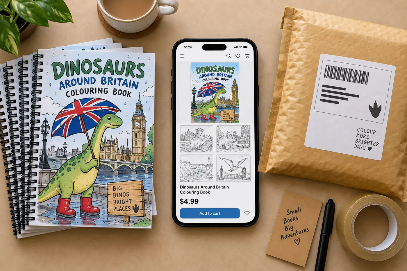 A flat lay of one coloring book taking three routes: a stack of spiral-bound printed copies with a dinosaur cover, a phone showing the same book as a marketplace listing with four preview pages and a price, and a padded mailer with a shipping label.