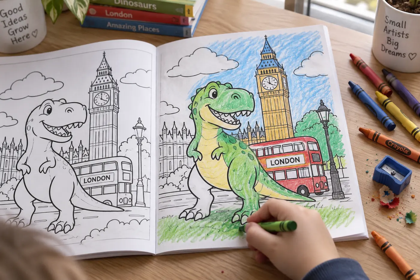 A printed coloring book open on a desk: the left page is clean black line art of a cartoon T-rex in front of Big Ben and a London bus, the right page is the same drawing half coloured in with crayons, a child's hand holding a green crayon.