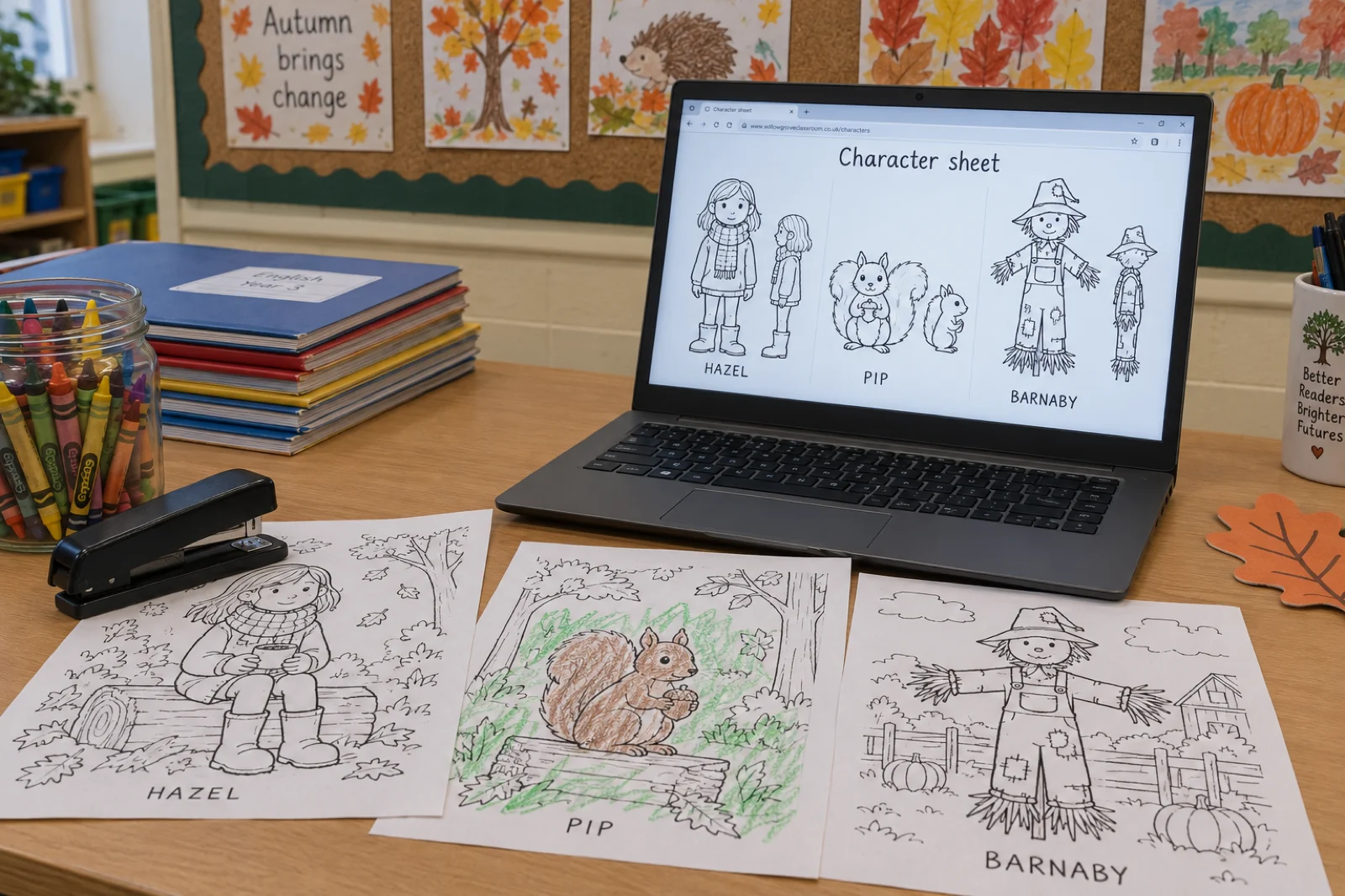 A classroom teacher's desk with a laptop showing a character sheet of three black line-art figures labelled Hazel, Pip and Barnaby, a girl in a scarf, a squirrel and a scarecrow, with three printed coloring pages of the same characters on the desk, one half coloured in crayon, a jar of crayons and a corkboard of children's autumn drawings behind