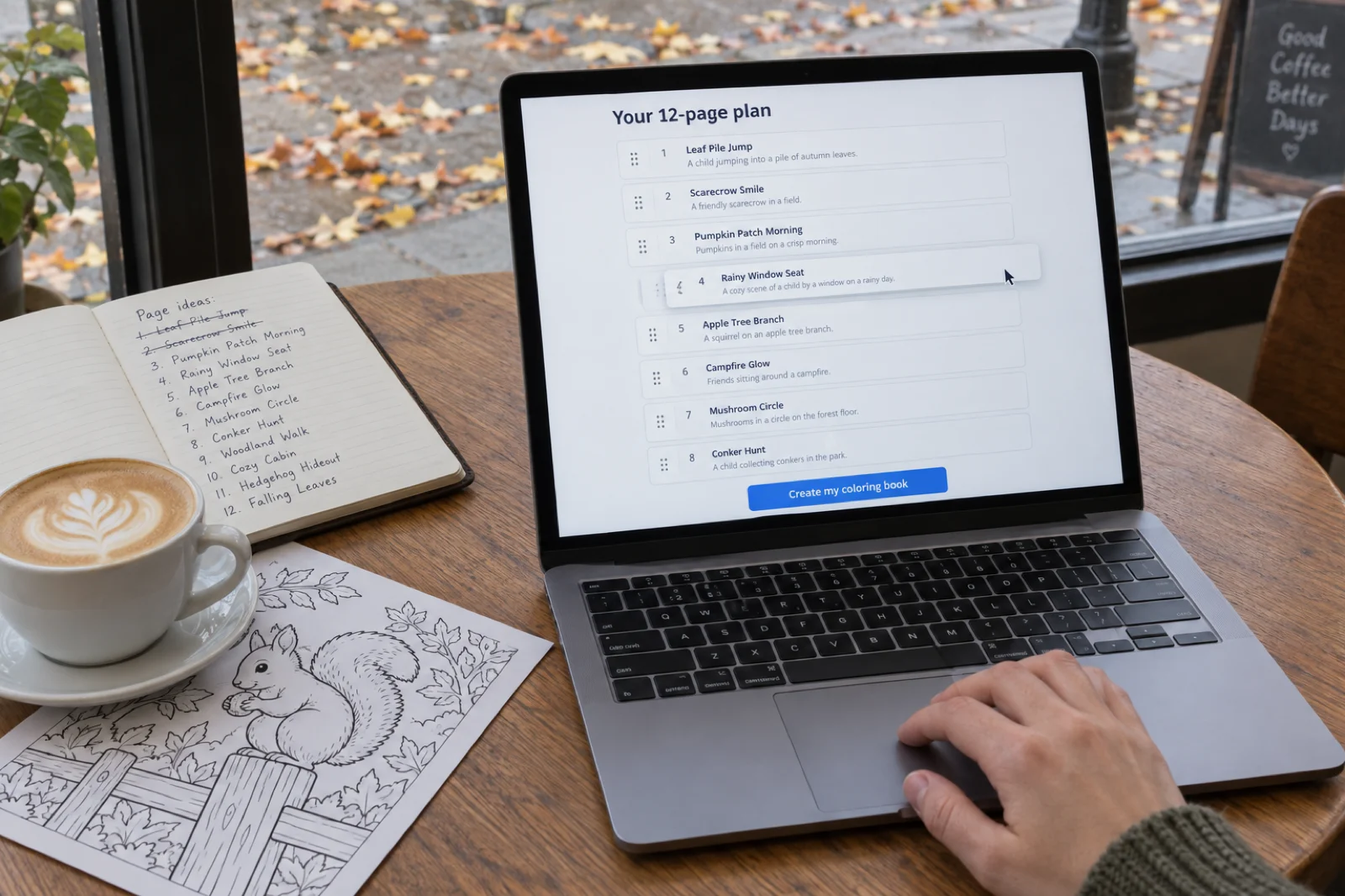 A laptop on a café table showing a 12-page coloring book plan as a list of cards with drag handles, one card being dragged upward, and a blue Create my coloring book button, with a notebook of handwritten page ideas, a flat white and a printed squirrel coloring page beside it