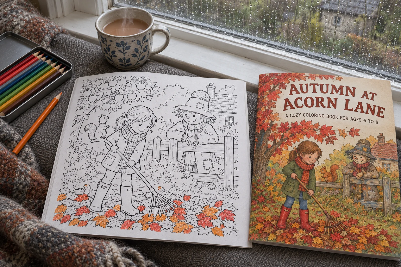 A window seat on a rainy afternoon with a printed coloring book open to a black line-art page of a girl in a scarf raking leaves, a squirrel on the rake and a scarecrow at the fence, the leaves half coloured in orange, a tin of pencils and a mug of tea beside it, and a second copy showing its painted cover titled Autumn at Acorn Lane