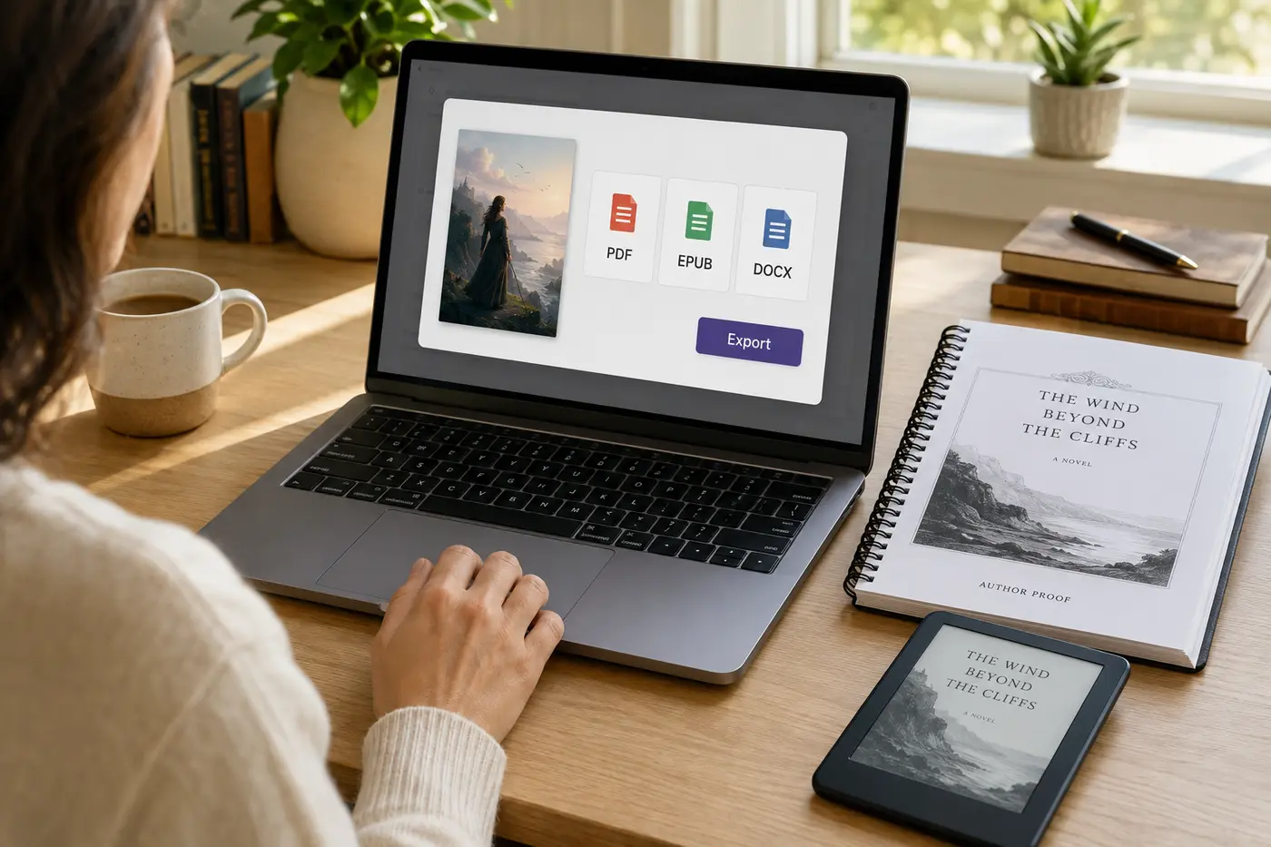 Author at a desk exporting a finished ebook: the export dialog shows PDF, EPUB, and DOCX options with a book preview beside a printed proof copy