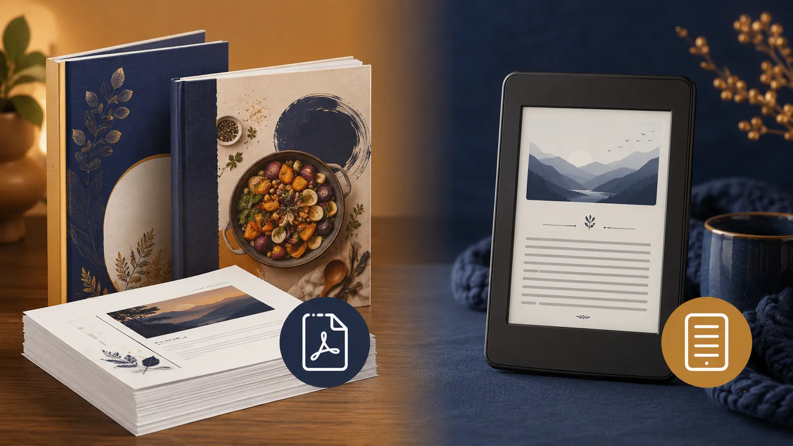 A split image: a printed workbook and cookbook with PDF pages on one side, and a novel on a Kindle-style e-reader on the other.