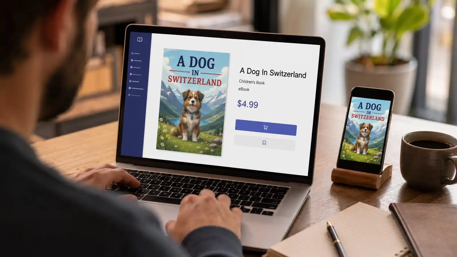 Self-publisher reviewing an ebook sales listing for a children's book priced at $4.99, shown on a laptop and phone