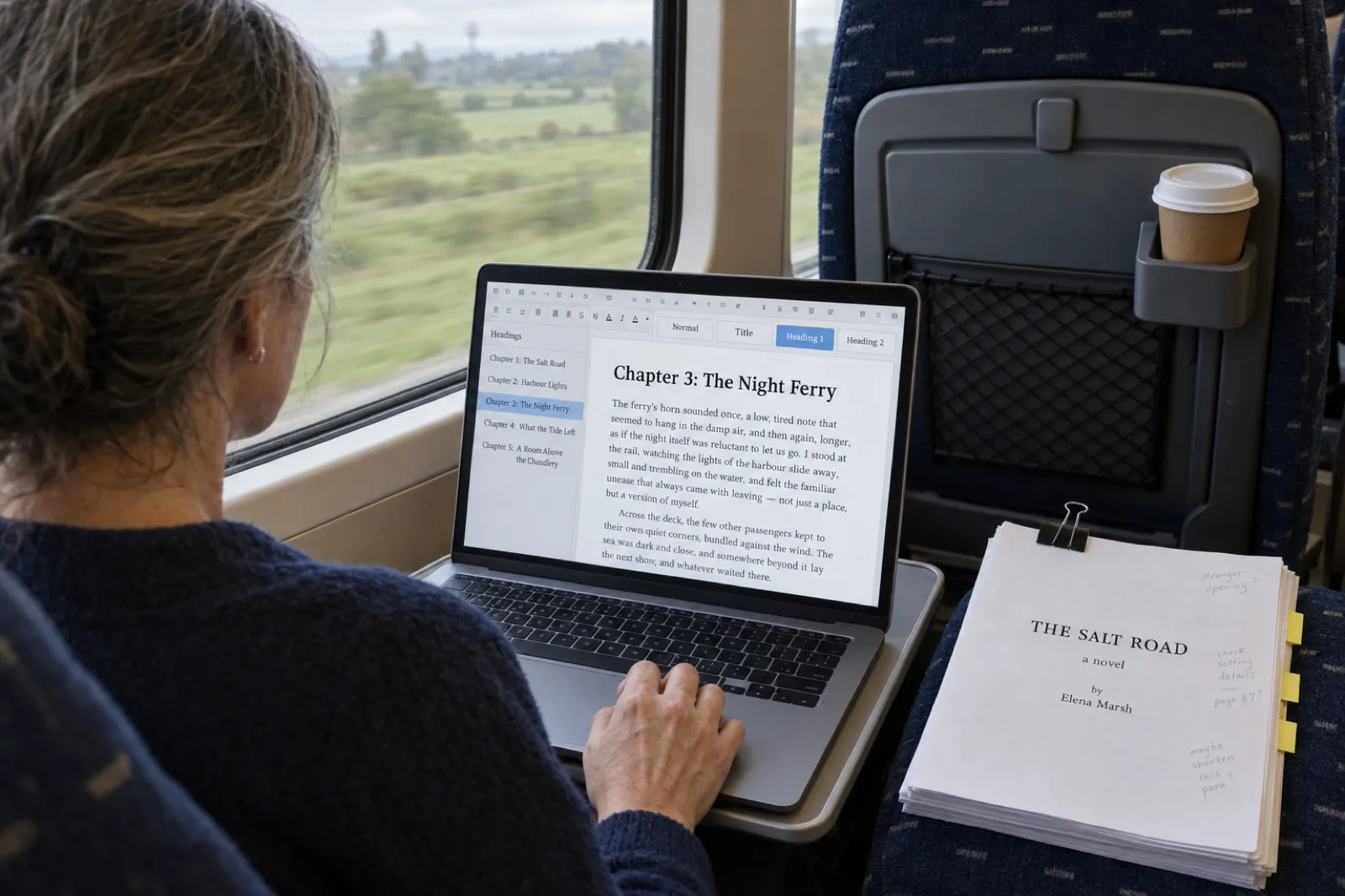 Over the shoulder of a woman on a train with a laptop on the fold-down tray, a word processor open with the styles gallery showing Normal, Title, Heading 1 and Heading 2, Heading 1 highlighted, and a Headings pane listing Chapter 1: The Salt Road, Chapter 2: Harbour Lights, Chapter 3: The Night Ferry, Chapter 4: What the Tide Left and Chapter 5: A Room Above the Chandlery, beside a clipped printed manuscript titled The Salt Road, a novel by Elena Marsh, with yellow sticky tabs and pencil notes