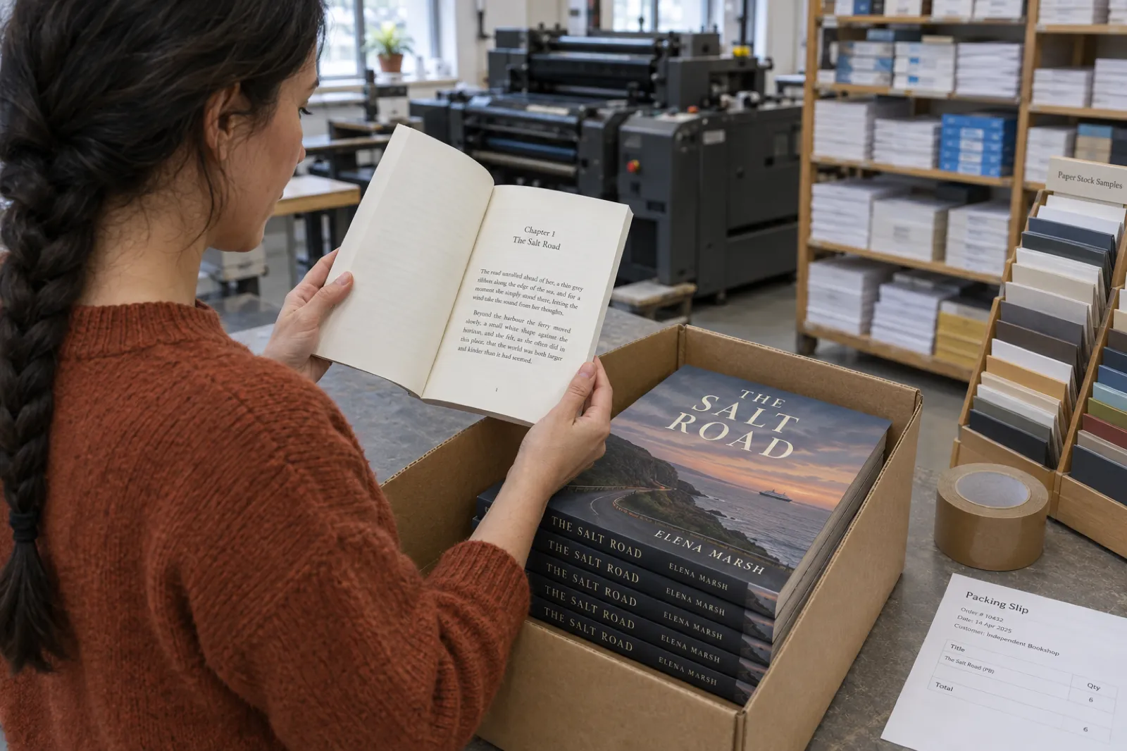A woman at a print shop counter holding open a paperback of The Salt Road at the first page, headed Chapter 1, The Salt Road, above a cardboard box of more copies whose cover shows a coastal road at dusk and the title The Salt Road by Elena Marsh on the cover and spines, with parcel tape, a packing slip and paper stock samples on the counter