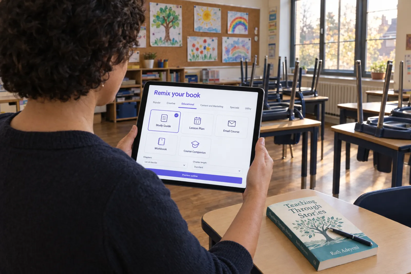 A teacher in an empty classroom after school holding a tablet showing a window headed Remix your book with tabs for Popular, Creative, Educational, Content and Marketing, Specialist and Utility, Educational selected, cards for Study Guide (ticked), Lesson Plan, Email Course, Workbook and Course Companion, Chapters set to Let AI decide, Chapter length set to Standard and a purple Preview outline button, her paperback Teaching Through Stories by Ruth Adeyemi on the desk beside her