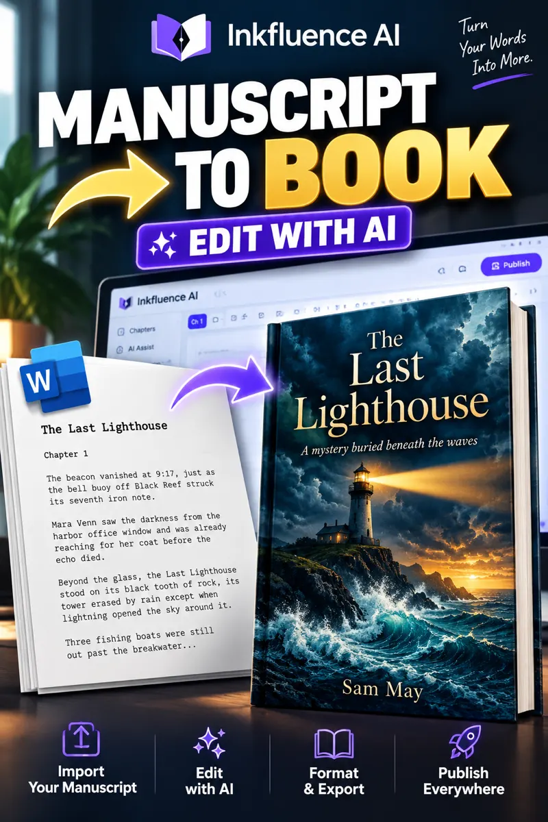 Poster headed Manuscript to Book, Edit with AI: a printed Word manuscript page for The Last Lighthouse, Chapter 1, beside the same book open in the Inkfluence AI editor with Chapters and AI Assist in the sidebar, and the finished hardback of The Last Lighthouse by Sam May, a lighthouse on a stormy coast on the cover, above four steps: Import your manuscript, Edit with AI, Format and export, Publish everywhere