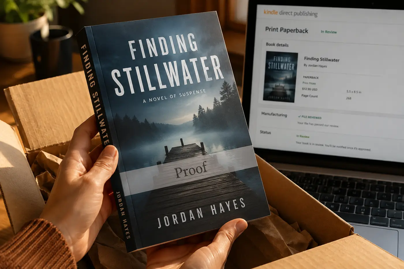 Hands holding a freshly printed paperback proof copy above its shipping box, with the same book's cover visible on a laptop screen showing the KDP dashboard