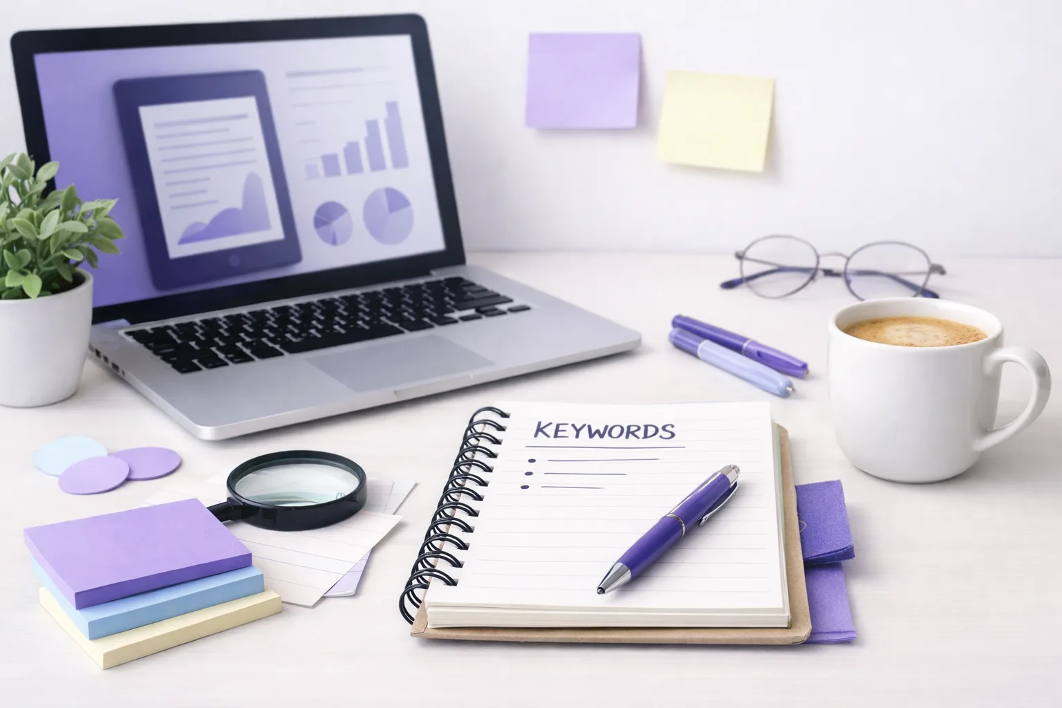 A clean Kindle keyword research workspace mockup with notes, checklist flow, and planning board.