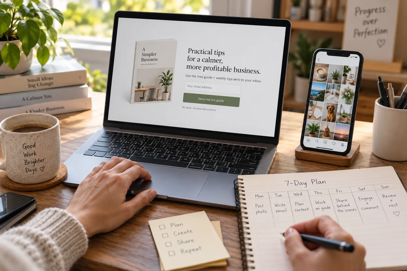 A small business owner's desk with a laptop showing an email opt-in page for a free guide with a cover thumbnail and one email field, a phone open to a grid of social posts, and a notebook with a handwritten seven-day content plan