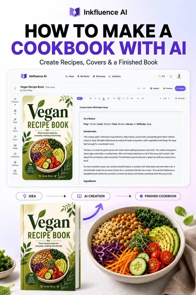 Idea to finished cookbook: the Inkfluence AI editor showing a generated vegan recipe with At a Glance timings, ingredients and method, next to the printed book and the finished dish