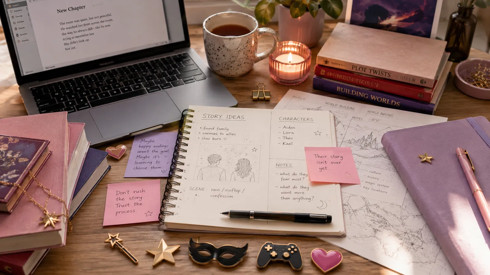 A cozy writing desk with a laptop showing a new chapter, a notebook of story ideas and characters, worldbuilding notes, and fandom enamel pins
