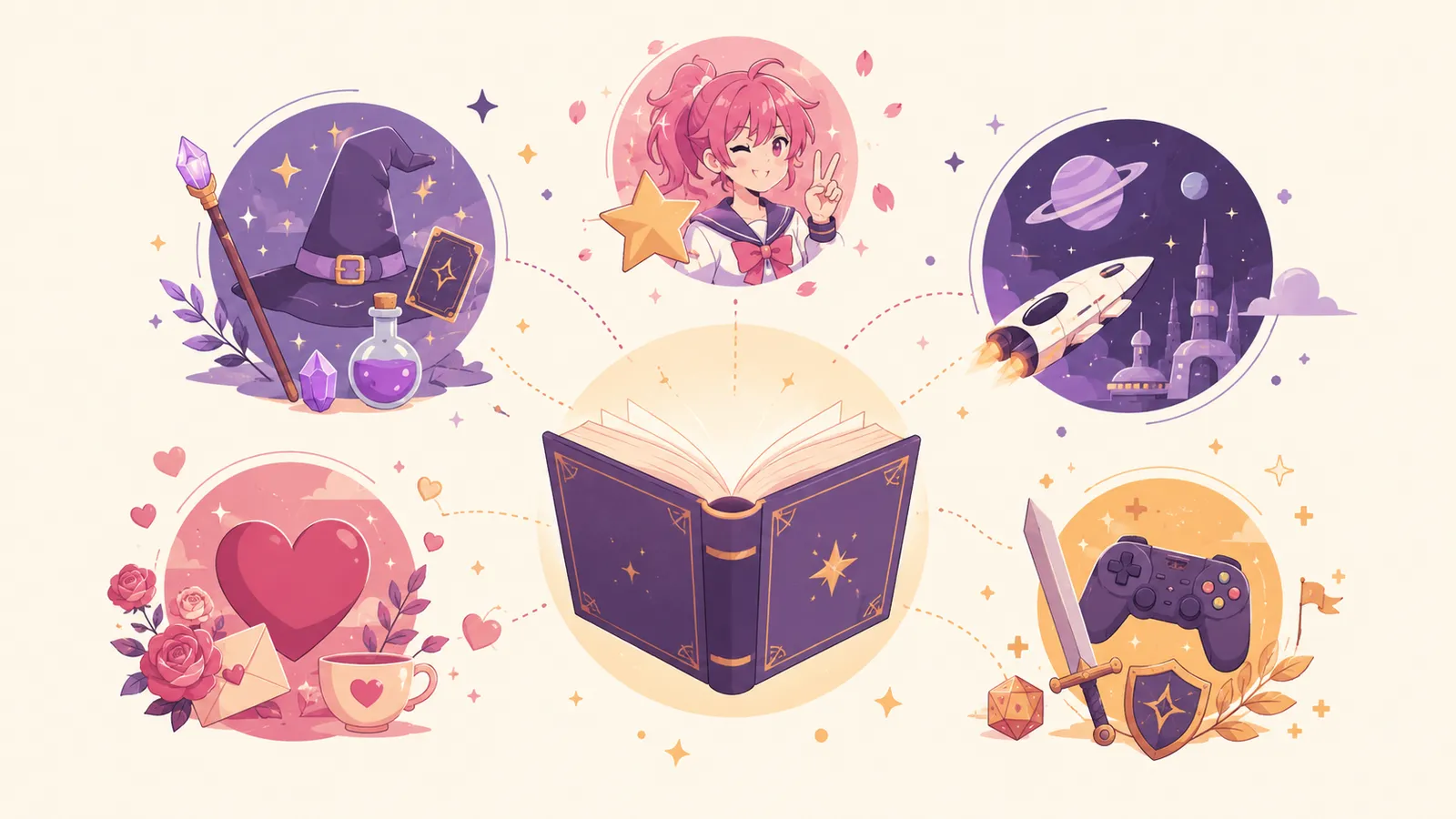 Illustration of a glowing open book radiating into fandom genres: magic and fantasy, anime, science fiction, romance, and gaming