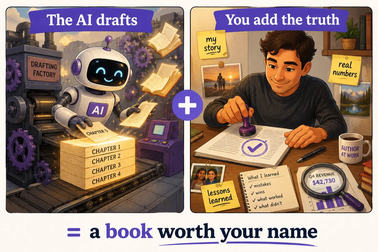 Two-panel illustration: an AI drafting factory assembling chapters, plus an author adding their story and real numbers