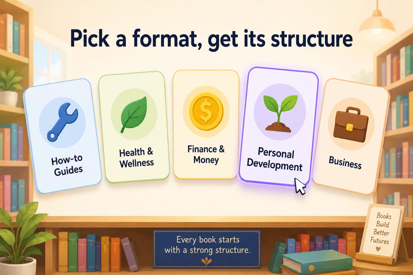 Illustrated format picker cards: how-to guides, health and wellness, finance and money, personal development, and business, with personal development selected