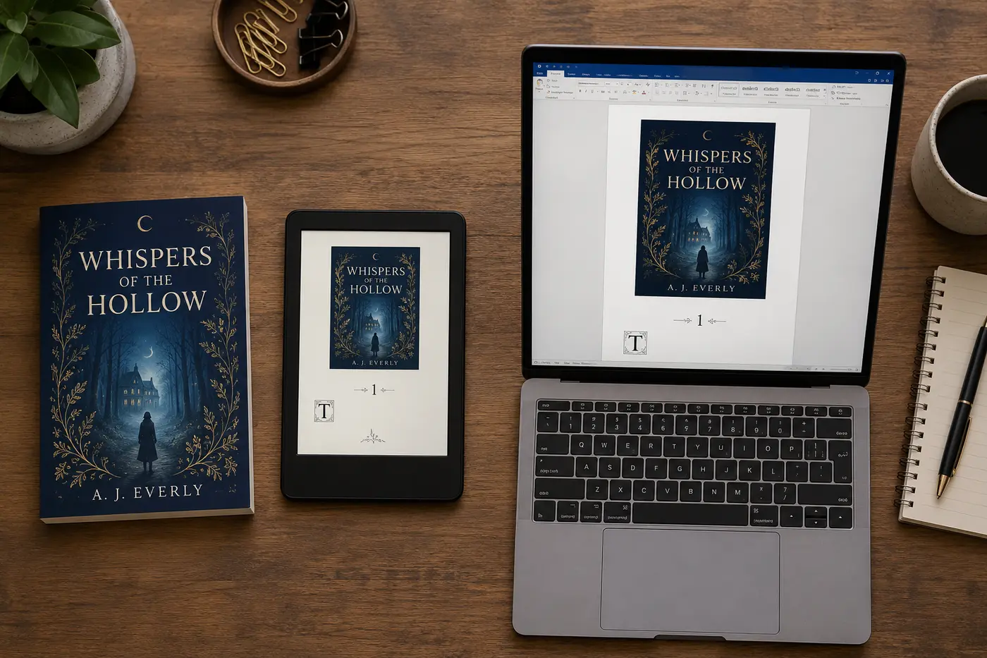 The same book shown three ways side by side: a printed paperback, an e-reader showing the EPUB, and a laptop with the manuscript open in a document editor
