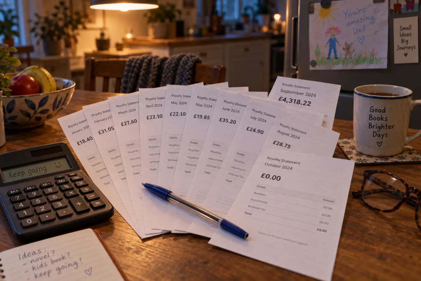 A kitchen table with royalty statements fanned out, most showing small two-figure monthly totals and one near the back showing a four-figure total, with a calculator and a mug beside them