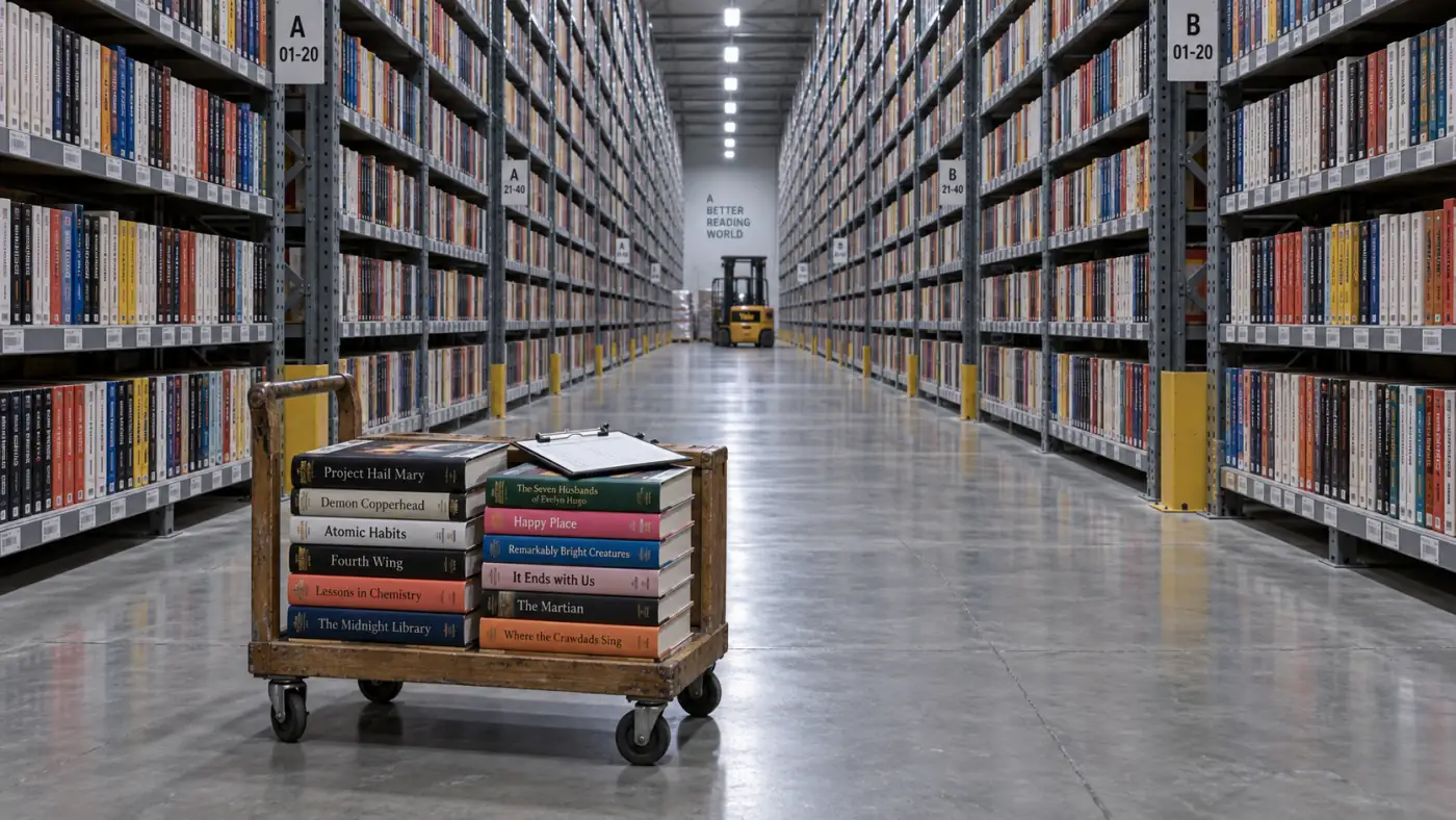 A vast warehouse aisle of shelving filled with paperbacks stretching into the distance, with a single small trolley of traditionally published hardbacks in the foreground for scale