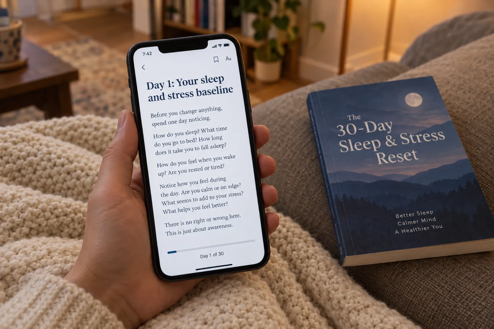 A hand holding a phone over a cream knitted blanket, the screen showing an e-reader page headed Day 1: Your sleep and stress baseline with short lines about noticing how you sleep and feel before changing anything and a progress bar reading Day 1 of 30, the paperback of The 30-Day Sleep and Stress Reset, its cover a full moon over dark hills, lying on the sofa cushion beside it